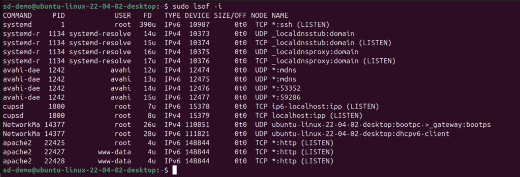 The lsof -i command provides a list of all network connections, including open ports and the processes using them.