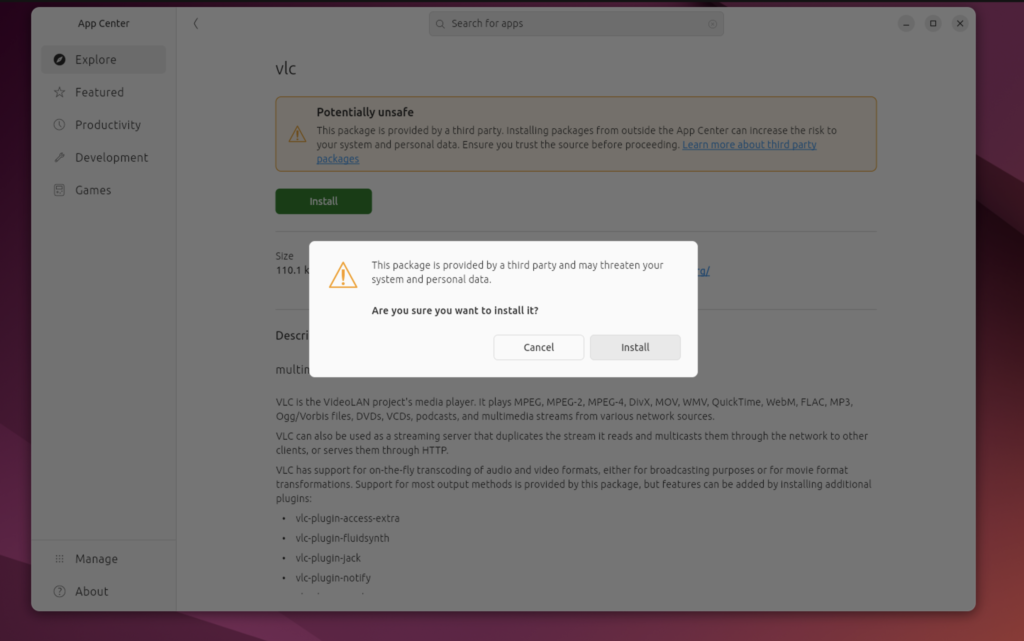 Click on the Install button, which will ask for a confirmation.