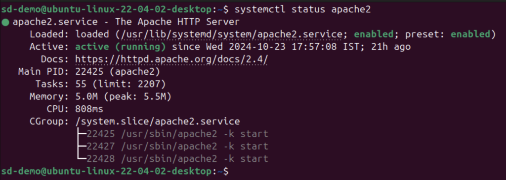 You should see output that says something like "active (running)." That means Apache is up and working!